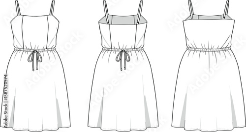 CAD drawing flat vector illustration of three sleeveless dresses with waist ties, fashion technical sketch for apparel design