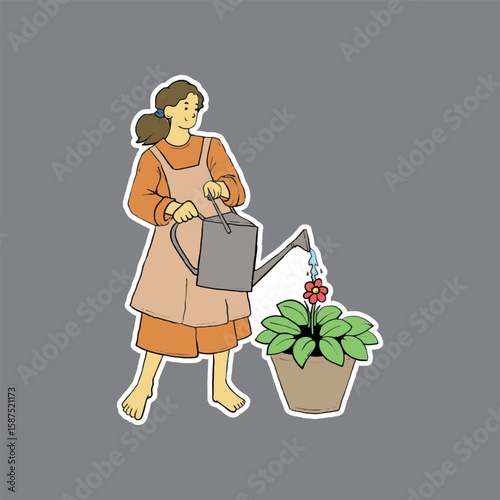 Sticker of a Happy Woman Watering Her Favorite Plants.eps