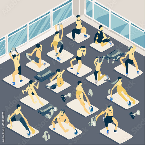 Isometric view of a gym class performing various exercises with weights and mats.