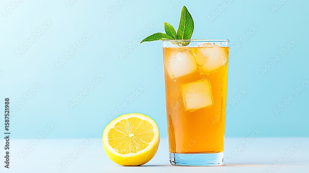 Fototapeta premium Refreshing iced tea with lemon and mint garnish on a blue background