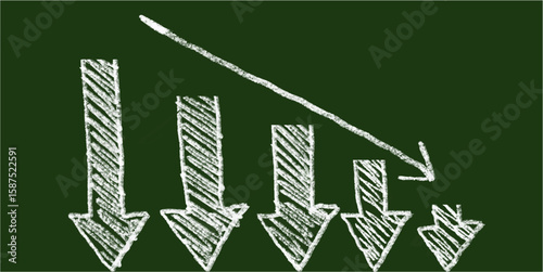 Chalk hand-drawn downward arrow icon on green chalkboard background. Simple doodle vector representing decline, loss, reduction, negative trend, drop in business, finance, or performance.