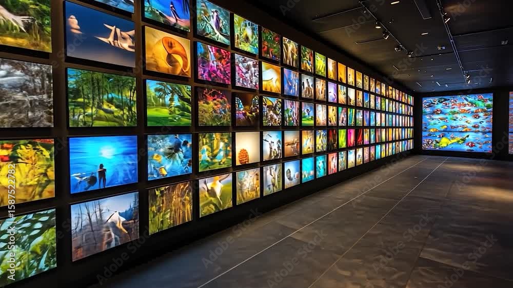 Colorful digital art displays on a wall