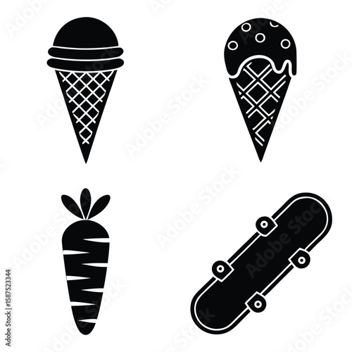Black silhouette icons of ice cream cone carrot and skateboard white