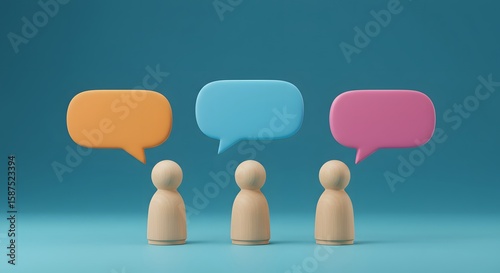 collaborative discussions. 3D render of three wooden figures standing in front of a blue wall, Three wooden figures stand beneath vibrant speech bubbles a blue backdrop, communication, ideas