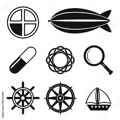 Black silhouette icons of medical nautical and abstract symbols pill capsule