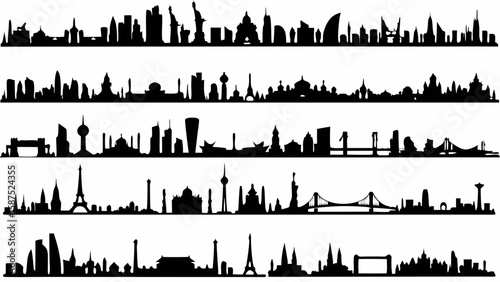Silhouettes of various city skylines featuring iconic landmarks and architectural structures in black and white
