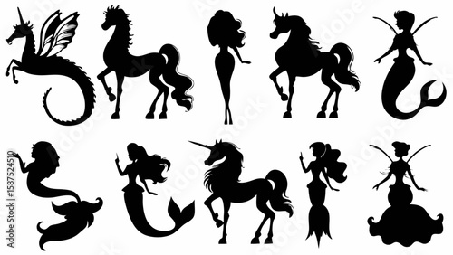 Silhouette collection of mythical creatures including unicorns mermaids and winged fairies in black and white