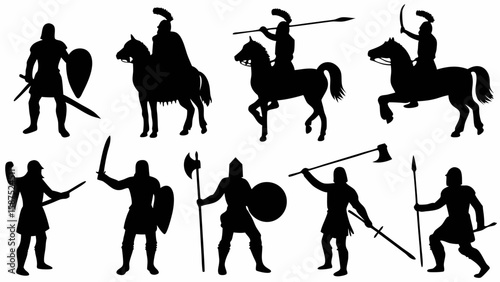 Silhouette illustration of medieval warriors and soldiers on horseback with weapons and shields ready for battle