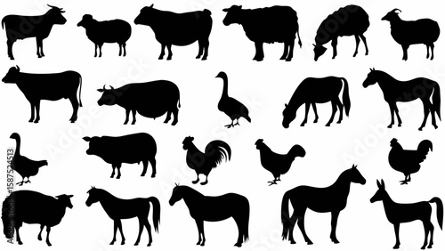Silhouette collection featuring farm animals like cows sheep horses geese chickens and a donkey artfully arranged