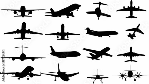 A collection of airplane silhouettes in various orientations and designs displayed on a white background