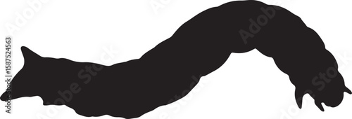 A black silhouette of a plump, segmented caterpillar in a curved shape, suitable for nature, insect, and transformation themes
