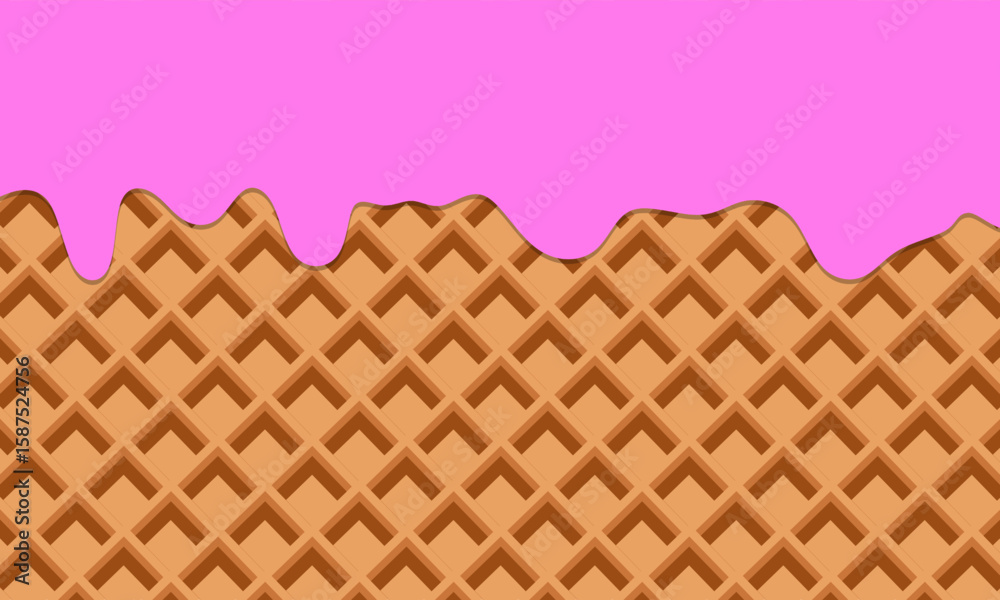 pink cream melted on wafer background. Sweet waffle with pink glaze. Pink strawberry cream melted waffle cone vector pattern