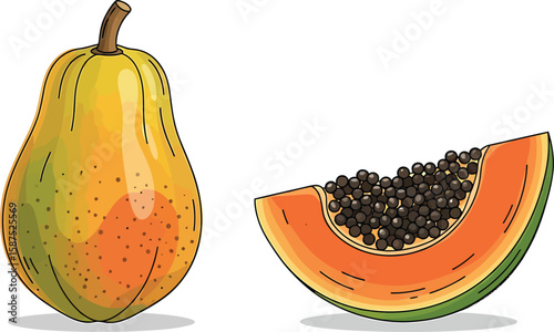 A vibrant illustration of a ripe papaya fruit, with a slice revealing seeds.