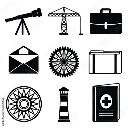 Black silhouette icons of telescope crane briefcase envelope fan lighthouse medical book vector