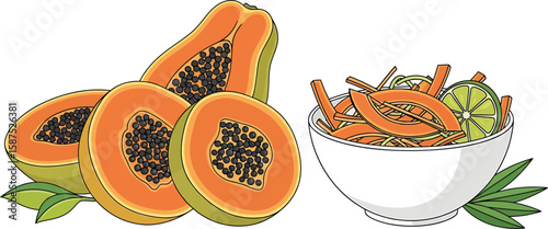 Illustration of whole and sliced papayas with a bowl of papaya sticks and lime.