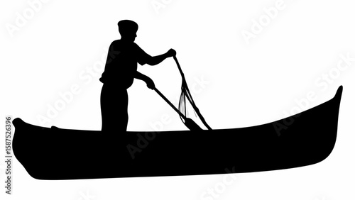 Silhouette of a man in a canoe using a net to catch something in the water on a white background image