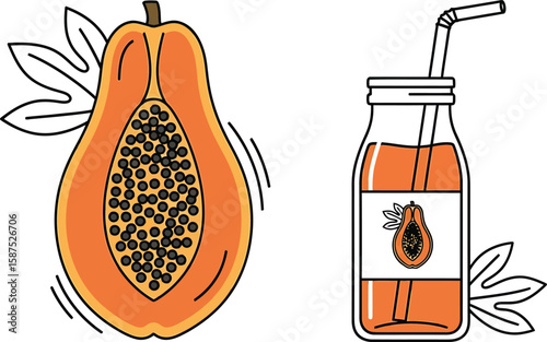 Illustration of a halved papaya fruit with seeds and a jar of papaya juice with a straw, accompanied by leaves.