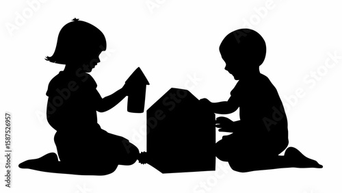 Silhouette of two children playing with building blocks and constructing a house together happily