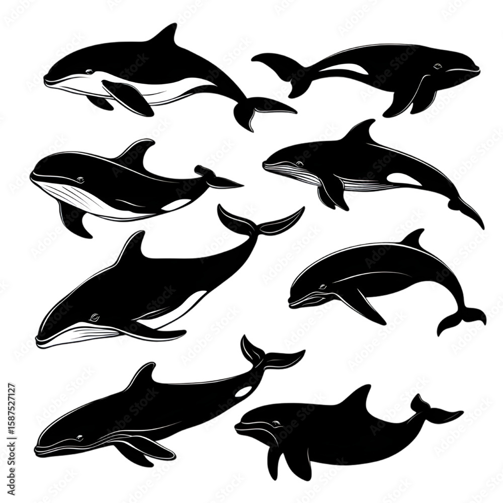 Fototapeta premium Marine Mammals black silhouette isolated on a transparent background