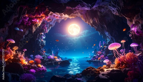 Subaquatic cave at night with moonlit coral reef