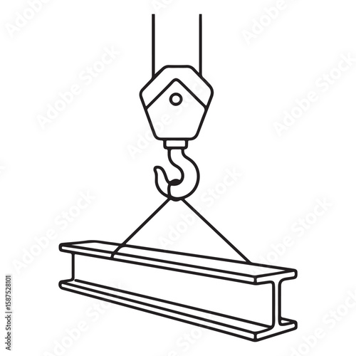 Industrial Crane Hook Lifting Steel Beam Vector – Construction Equipment Line Art Illustration