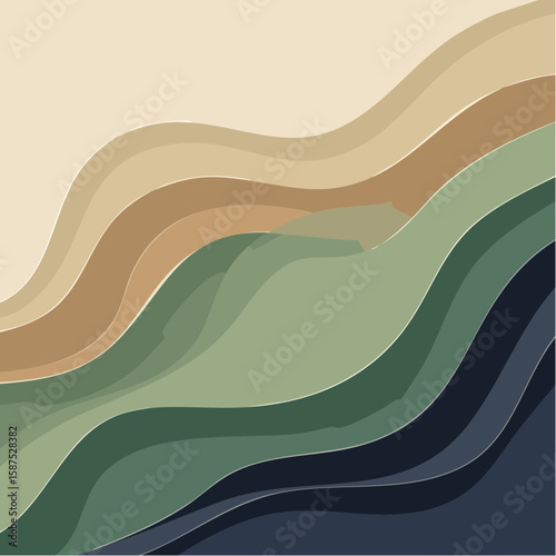 Abstract layered wavy shapes in muted earth and nature tones.