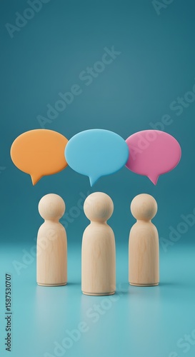 collaborative discussions. 3D render of three wooden figures standing in front of a blue wall, Three wooden figures stand beneath vibrant speech bubbles a blue backdrop, communication, ideas