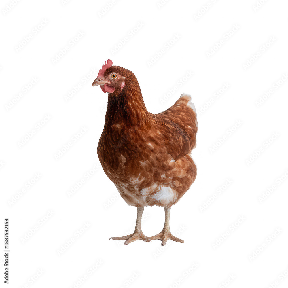 Fototapeta premium A brown hen standing on a white isolated background, showcasing its feathers and features. Ideal for agricultural and farm-related themes.