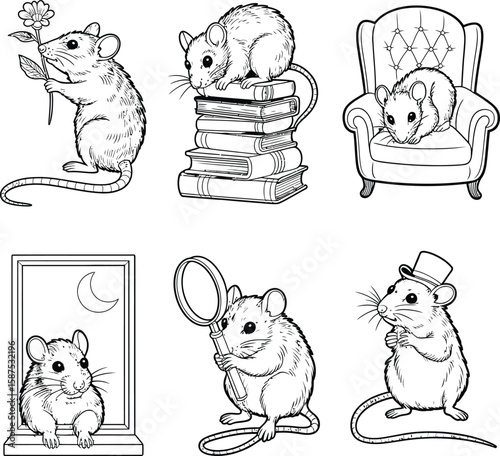 Cute cartoon mice characters in various poses with cheese and books