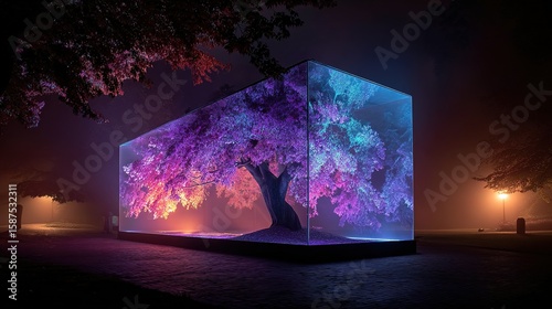 Illuminated tree within a glass cube at night.