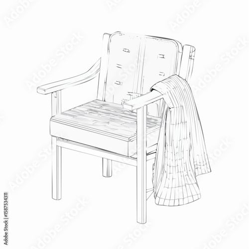 Vector drawing of a wooden chair with a fabric jacket draped over the backrest, rendered in clean contour lines on white.