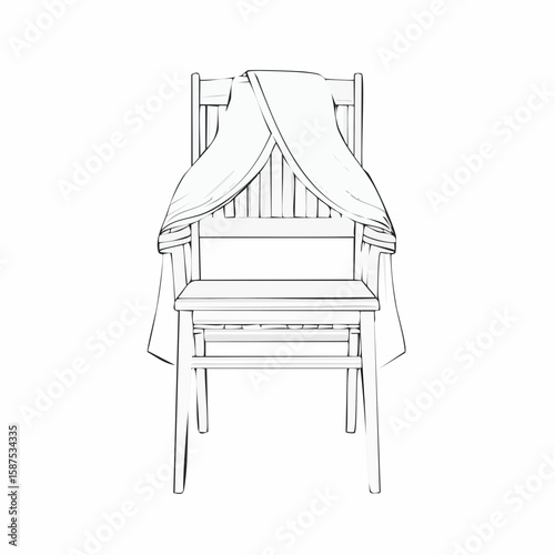 Vector drawing of a wooden chair with a fabric jacket draped over the backrest, rendered in clean contour lines on white.
