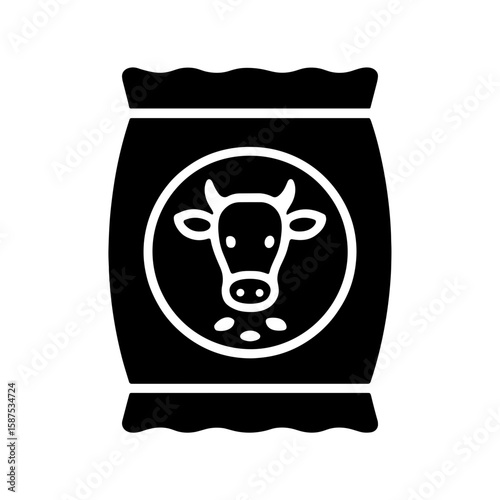 Bag of animal feed with cow emblem, symbolizing cattle nutrition – black fill