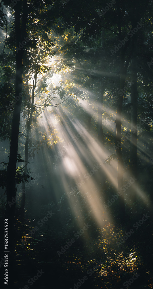 Obraz premium Sunlight streaming through trees in a dense forest creating a magical atmosphere