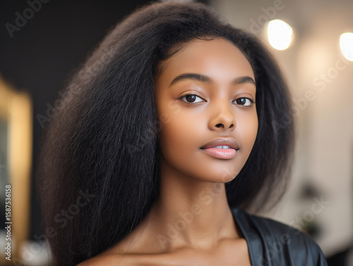 Glamorous black woman at hair salon with fresh blow out