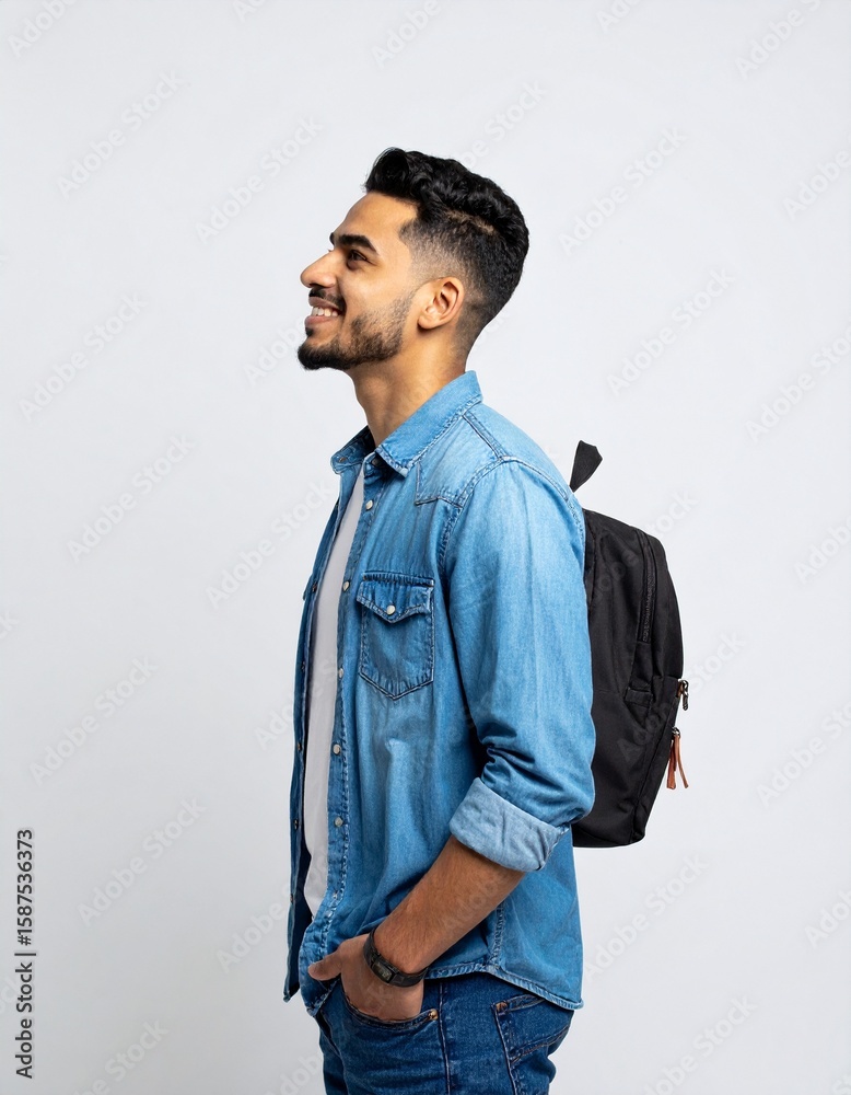 Fototapeta premium Happy Young Man with Backpack Smiling Profile View.