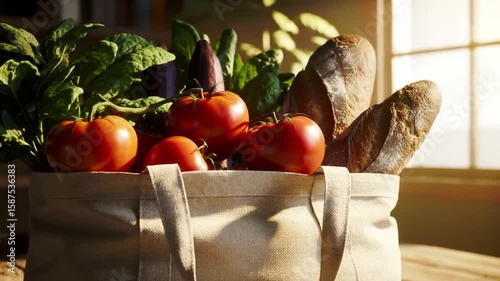 Grocery bag filled with produce and bread