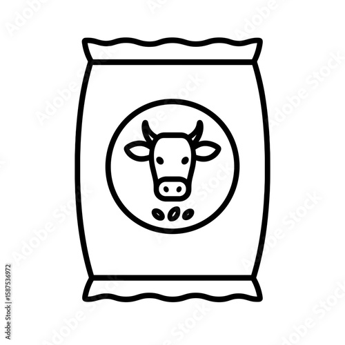 Bag of animal feed with cow emblem, symbolizing cattle nutrition – outline