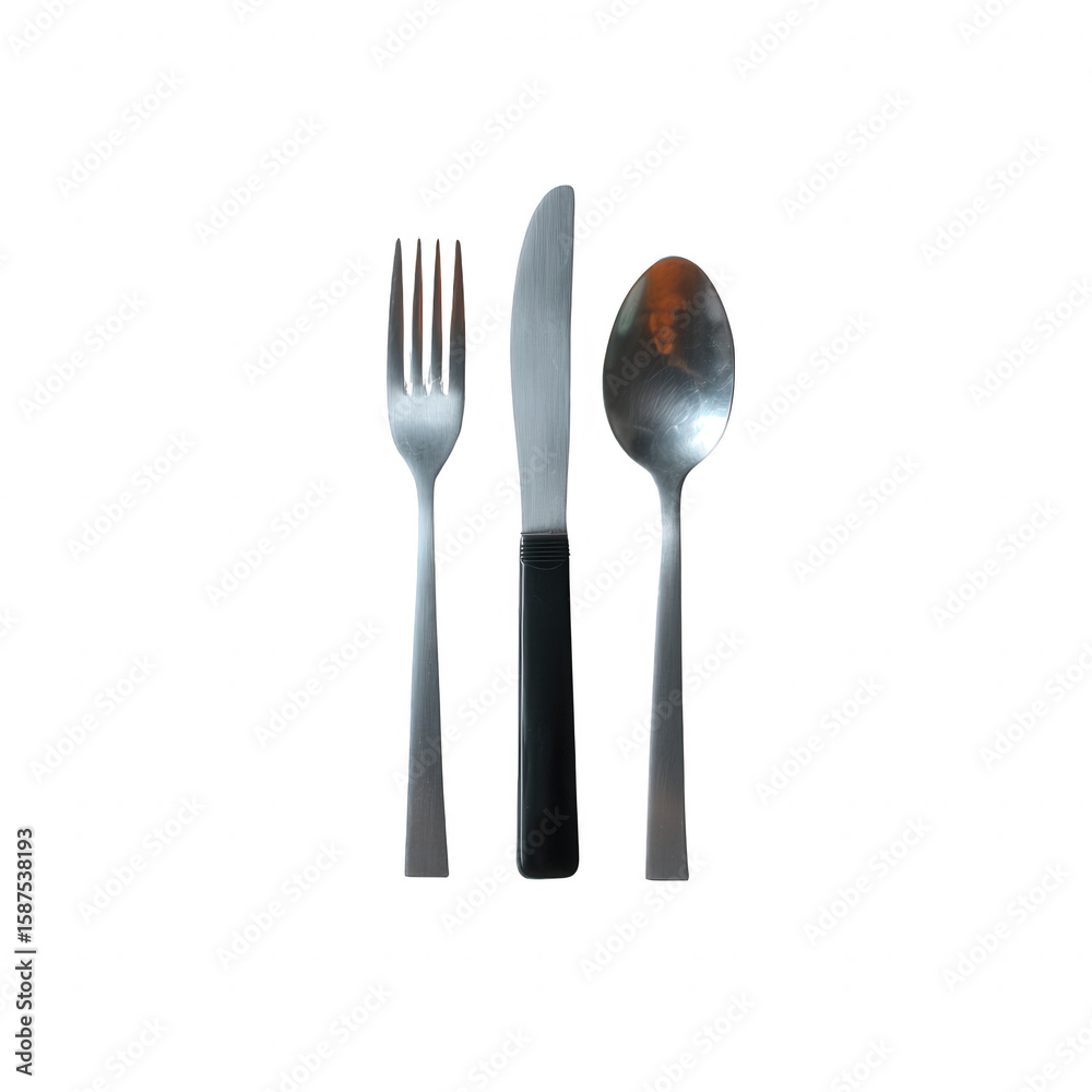 A fork, knife, and spoon arranged neatly on a white background. Ideal for culinary or dining concepts, representing utensils for meals and dining experiences. A fork, knife, and spoon arranged neatly on a white background. Ideal for culinary or dining concepts, representing utensils for meals and dining experiences.