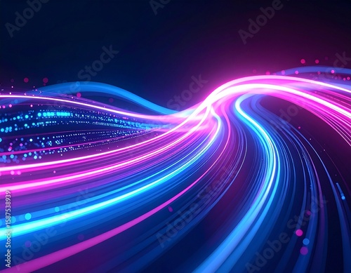 Abstract digital light trails in neon pink and blue colors flowing across a dark background with glowing particles and vibrant streaks, creating a futuristic and dynamic visual effect