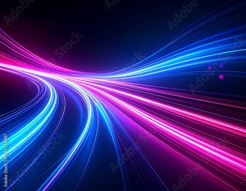 Futuristic abstract light trails with vibrant neon pink and blue glowing streaks flowing through a dark background, creating a dynamic motion effect perfect for technology and innovation themes