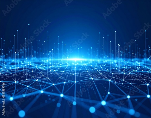 Futuristic digital network visualization with interconnected glowing points and lines on a blue dark background, depicting advanced technology, data transfer, and connectivity concepts