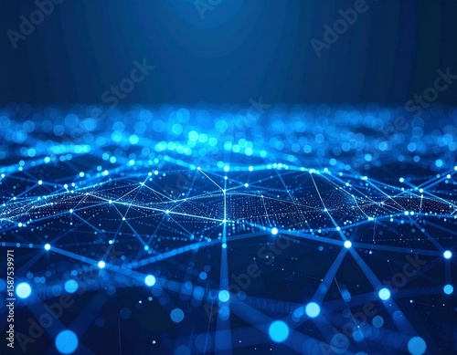 Futuristic digital network with glowing blue nodes and connecting lines representing technology, connectivity, data transfer, and high-tech innovation in a dark background