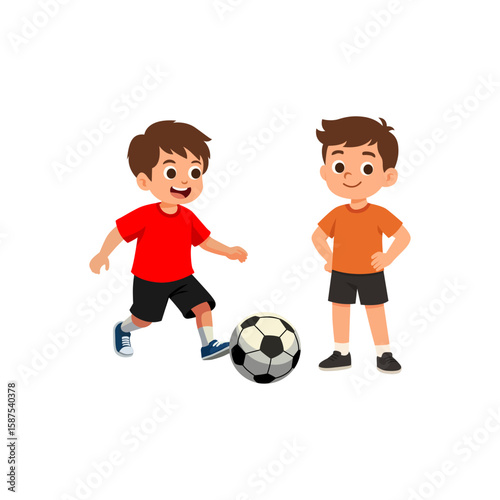 Vector illustration of two young cartoon boys are depicted on a plain white background, appearing to play or interact with a soccer ball.