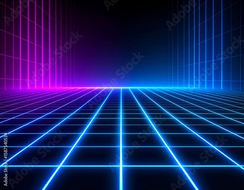 Futuristic neon grid landscape with glowing blue and pink lines creating a retro digital environment, perfect for technology, science fiction, or cyberpunk themes