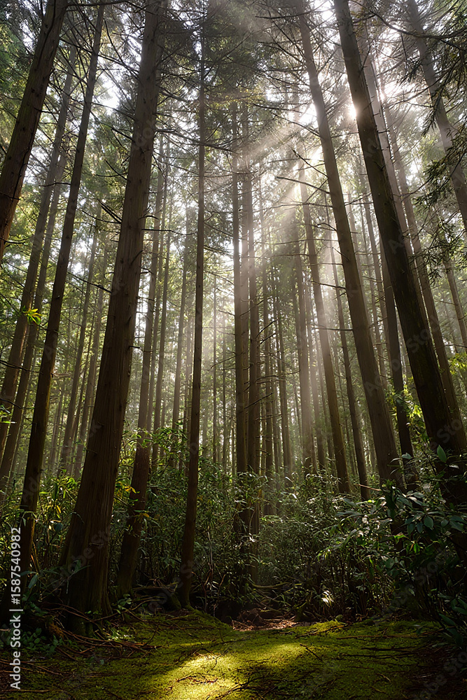 Obraz premium Sunlight in The Forest Canopy: Sunlight streams through a towering forest canopy, creating a dramatic and breathtaking display of light and shadow. Tall trees reach towards the sky