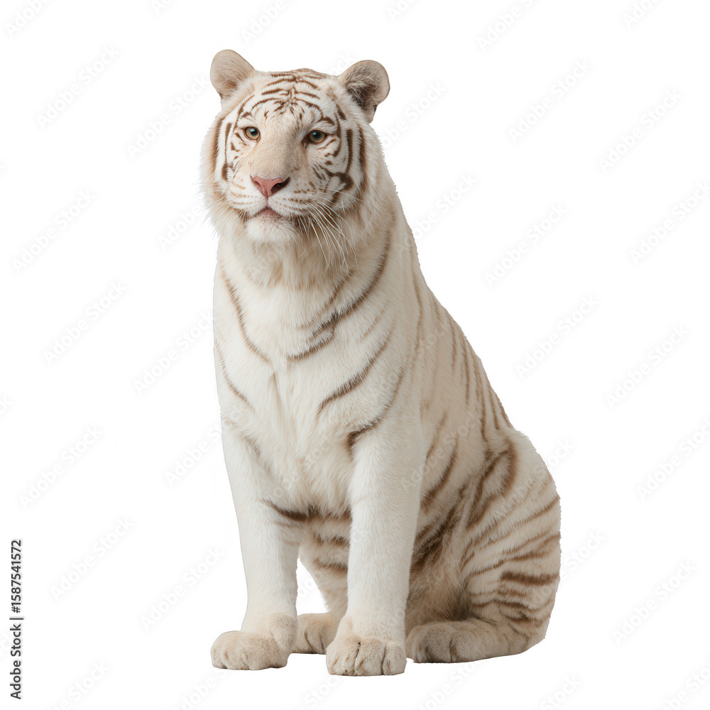 Obraz premium A majestic white tiger sitting gracefully, showcasing its unique stripes and striking features against a white isolated background.