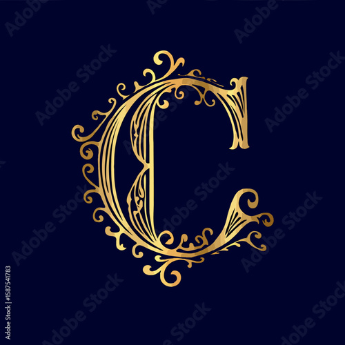 Vector art of golden letter c with decorative flourishes on a blue background