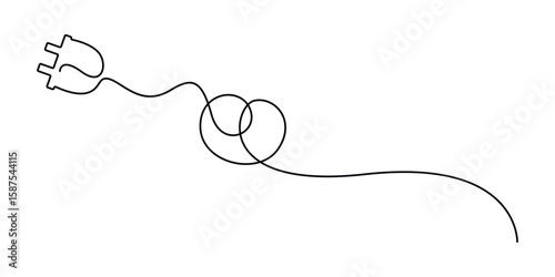 One line drawing plug energy power storage electric rechargeable supply, Single continuous line drawing of plug inserting into electric outlet. Power socket energy concept vector illustration