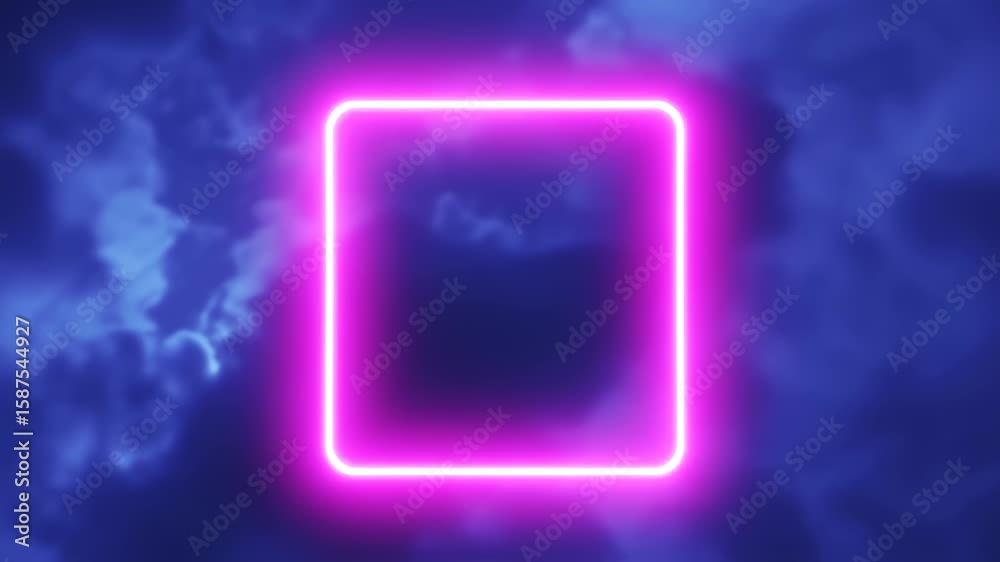 Glowing Neon Square on Moody Cloudscape Background. Abstract Visual.
